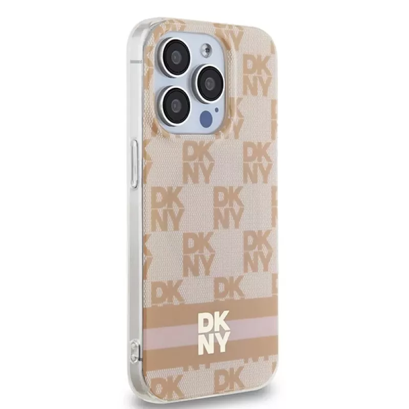DKNY DKHMP15XHCPTSP Custodia rigida per Apple iPhone 15 Pro Max, rosa Checkered Mono Pattern & Printed Stripes, compatibile MagSafe