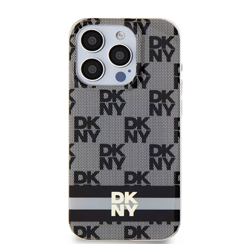 DKNY DKHMP13LHCPTSK Custodia rigida per Apple iPhone 13 Pro / iPhone 13, nero, motivo Checkered Mono & strisce stampate, MagSafe