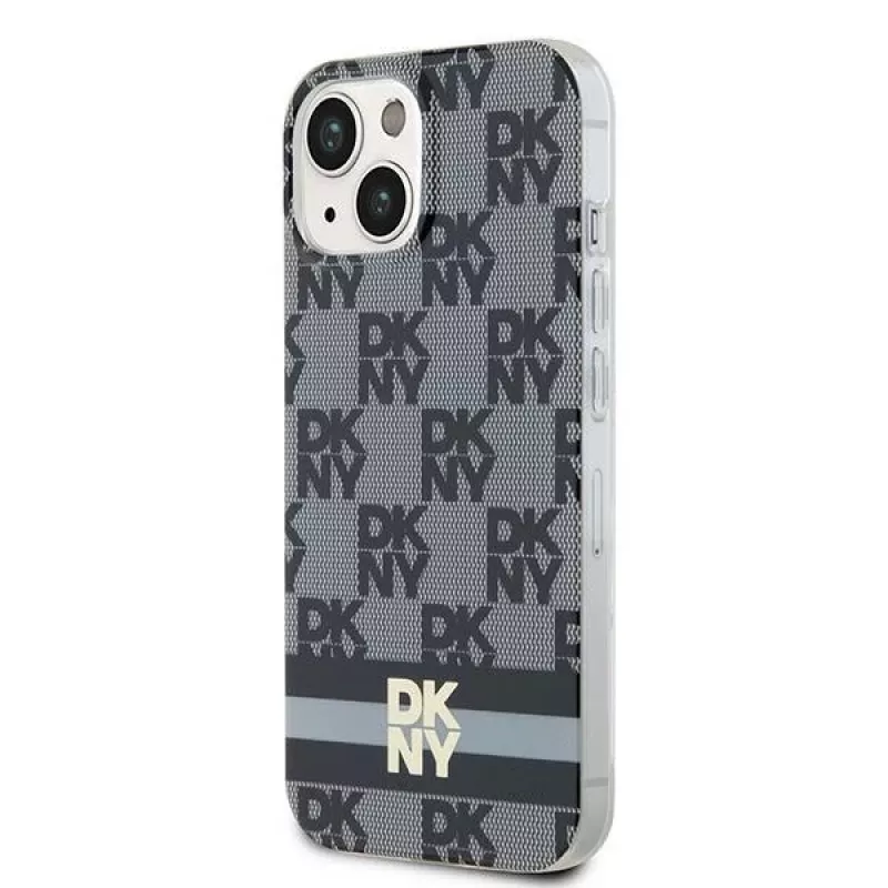 DKNY DKHMP14SHCPTSK Custodia rigida per iPhone 14/15, motivo Checkered Mono & strisce stampate, nero, MagSafe
