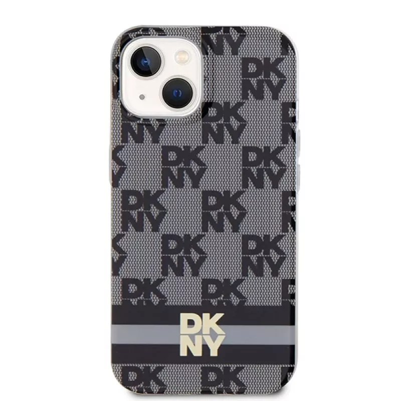 DKNY DKHMP14SHCPTSK Custodia rigida per iPhone 14/15, motivo Checkered Mono & strisce stampate, nero, MagSafe
