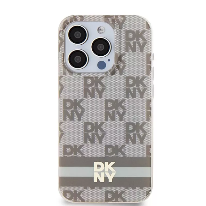DKNY DKHMP13LHCPTSE Custodia rigida per Apple iPhone 13 Pro / iPhone 13, beige motivo Checkered Mono & strisce stampate, compatibile MagSafe