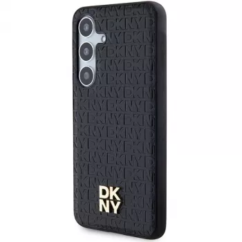 DKNY DKHMS24SPSHRPSK Custodia rigida effetto pelle logo metallico MagSafe per Samsung Galaxy S24, nero