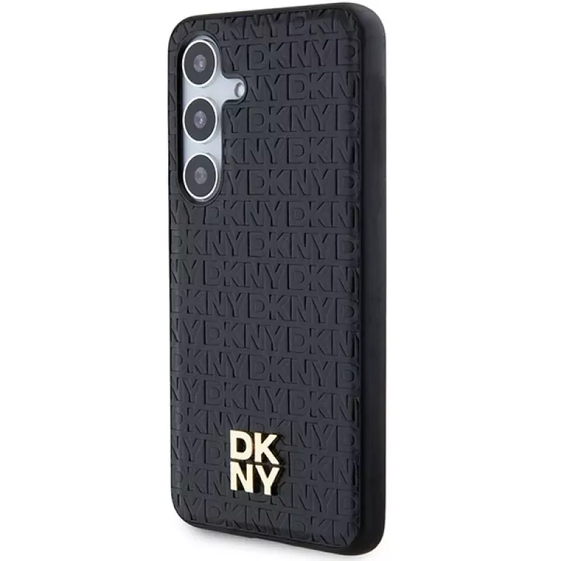 DKNY DKHMS24SPSHRPSK Custodia rigida effetto pelle logo metallico MagSafe per Samsung Galaxy S24, nero