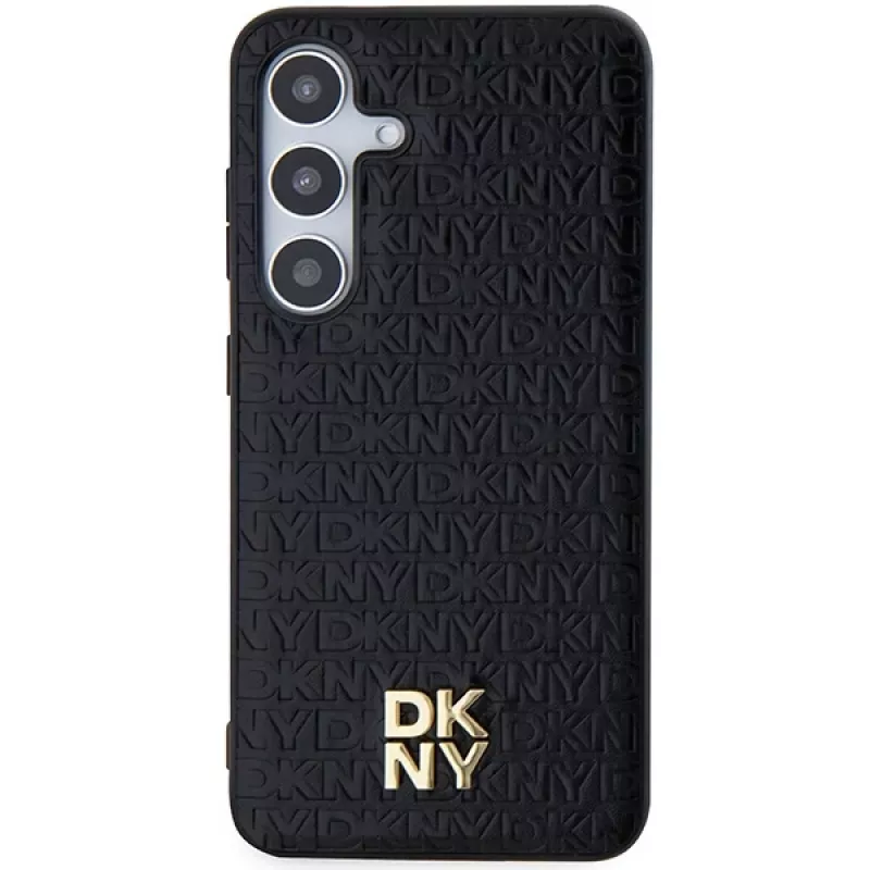 DKNY DKHMS24SPSHRPSK Custodia rigida effetto pelle logo metallico MagSafe per Samsung Galaxy S24, nero