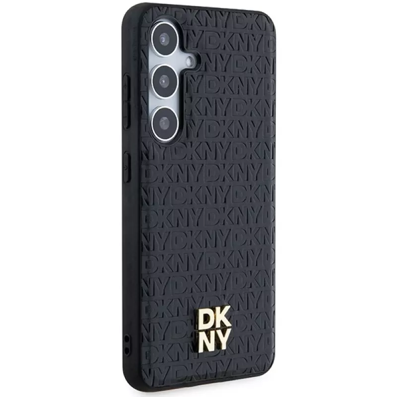 DKNY DKHMS24SPSHRPSK Custodia rigida effetto pelle logo metallico MagSafe per Samsung Galaxy S24, nero