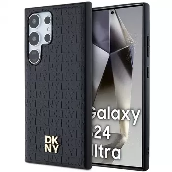 DKNY DKHMS24LPSHRPSK Custodia rigida per Samsung Galaxy S24 Ultra, design in pelle nero con logo metallico, compatibile MagSafe