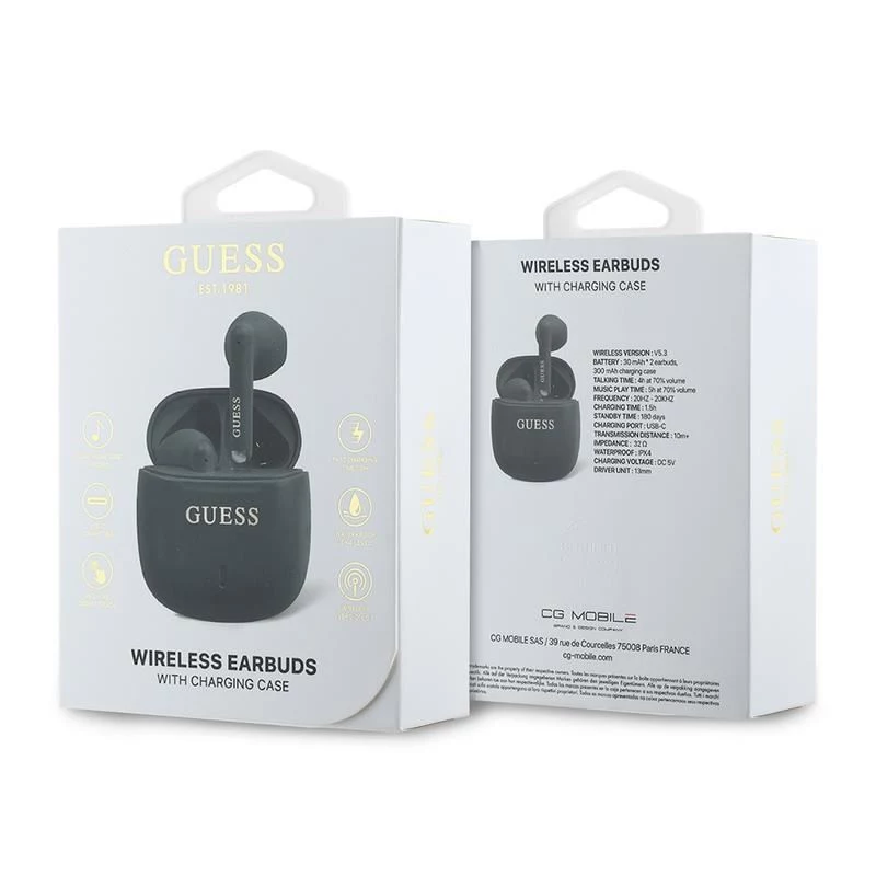 Guess GUTWSJ14ESGKTWS Auricolari True Wireless Bluetooth 5.3 In-Ear con custodia di ricarica, nero, Classic Logo Print