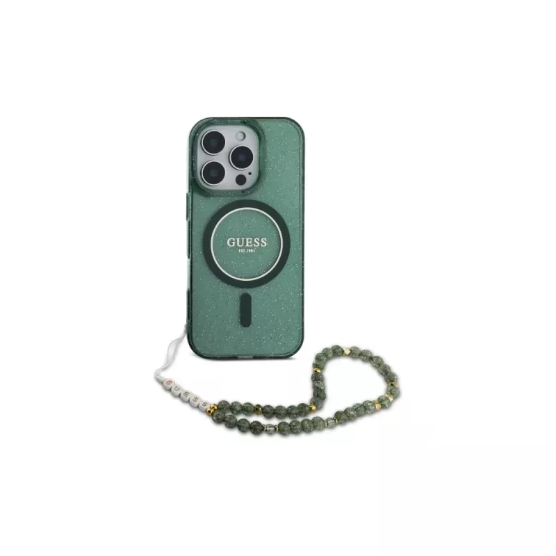Guess IML Glitter With Pearl Strap MagSafe Case per iPhone 16 Pro Max (verde)