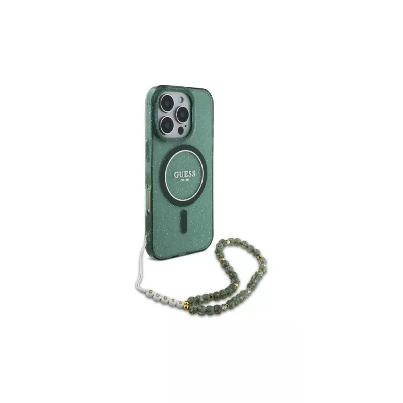 Guess IML Glitter With Pearl Strap MagSafe Case per iPhone 16 Pro Max (verde)