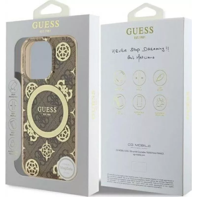 Guess GUHMP16XH4PYEEW iPhone 16 Pro Max 6,9 inch Custodia rigida IML Peony su sfondo 4G MagSafe marrone