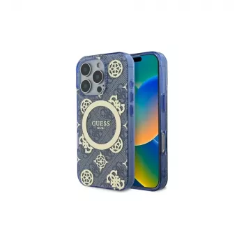 Guess GUHMP16LH4PYEEB iPhone 16 Pro 6.3 blu Custodia rigida IML Peony su sfondo 4G MagSafe