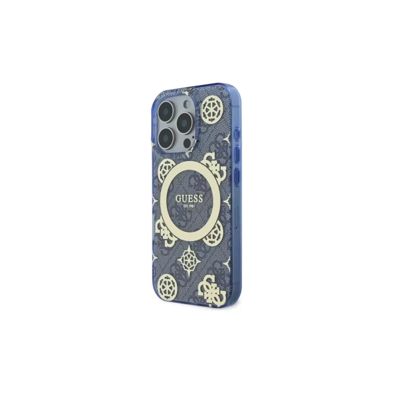 Guess GUHMP16LH4PYEEB iPhone 16 Pro 6.3 blu Custodia rigida IML Peony su sfondo 4G MagSafe
