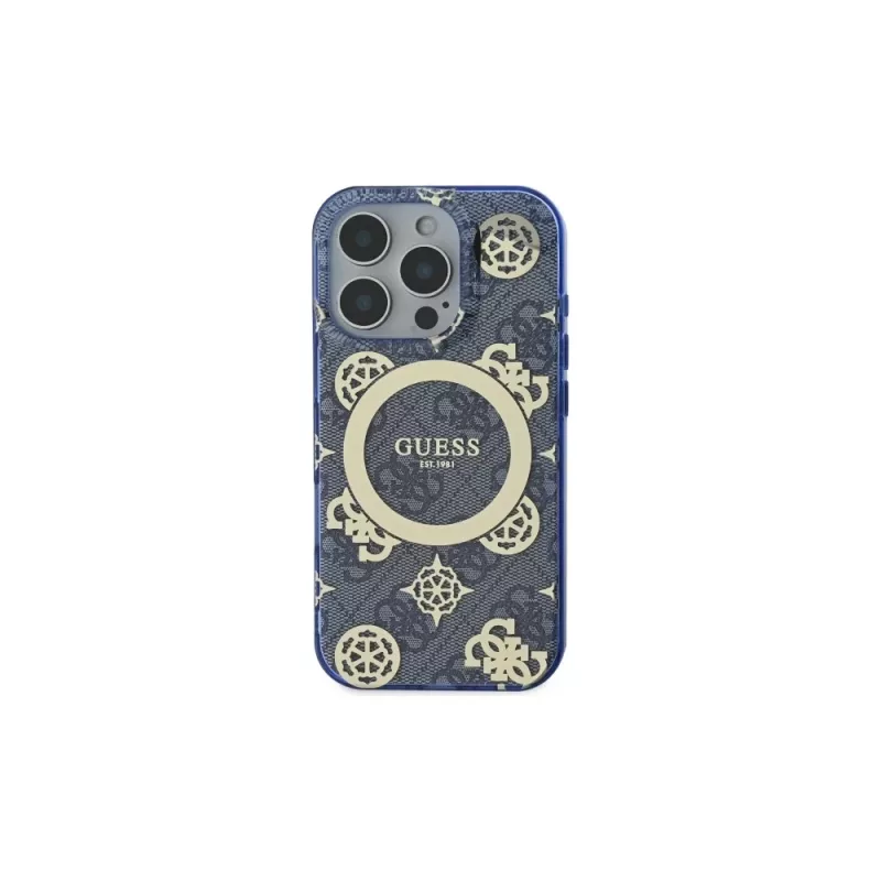 Guess GUHMP16LH4PYEEB iPhone 16 Pro 6.3 blu Custodia rigida IML Peony su sfondo 4G MagSafe