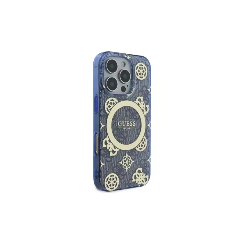 Guess GUHMP16LH4PYEEB iPhone 16 Pro 6.3 blu Custodia rigida IML Peony su sfondo 4G MagSafe