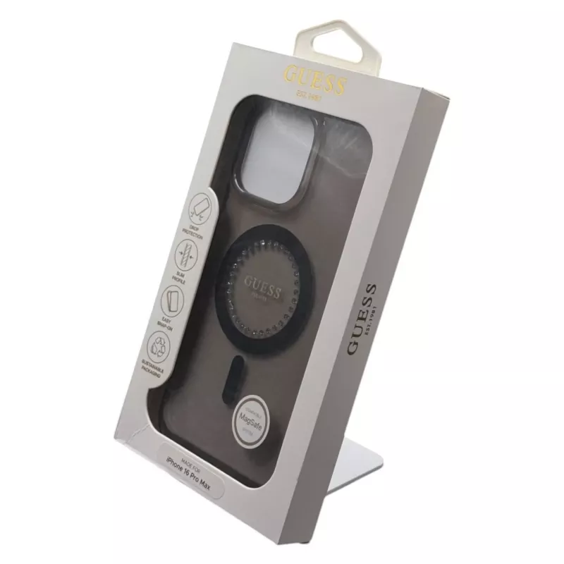 Guess IML Rhinestones Custodia MagSafe per iPhone 16 Pro Max (nero)