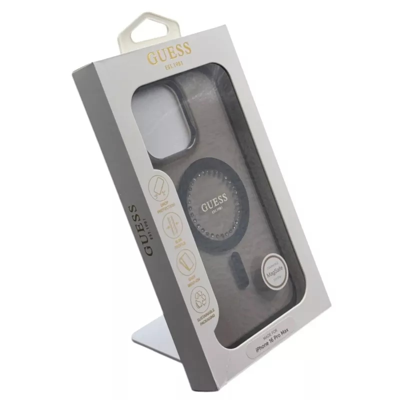 Guess IML Rhinestones Custodia MagSafe per iPhone 16 Pro Max (nero)