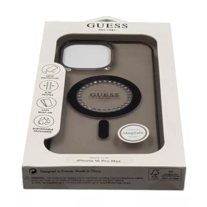 Guess IML Rhinestones Custodia MagSafe per iPhone 16 Pro Max (nero)