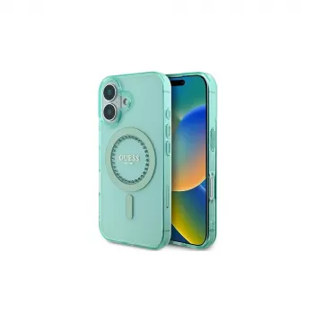 Guess IML Rhinestones Custodia MagSafe per iPhone 16 Plus (verde)
