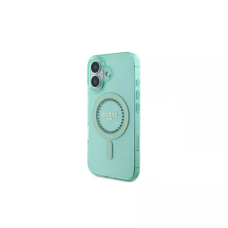 Guess IML Rhinestones Custodia MagSafe per iPhone 16 Plus (verde)