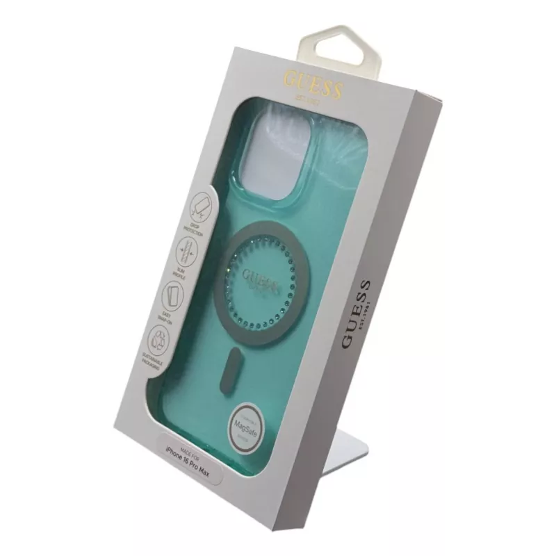 Guess IML Rhinestones Custodia MagSafe per iPhone 16 Pro Max (verde)
