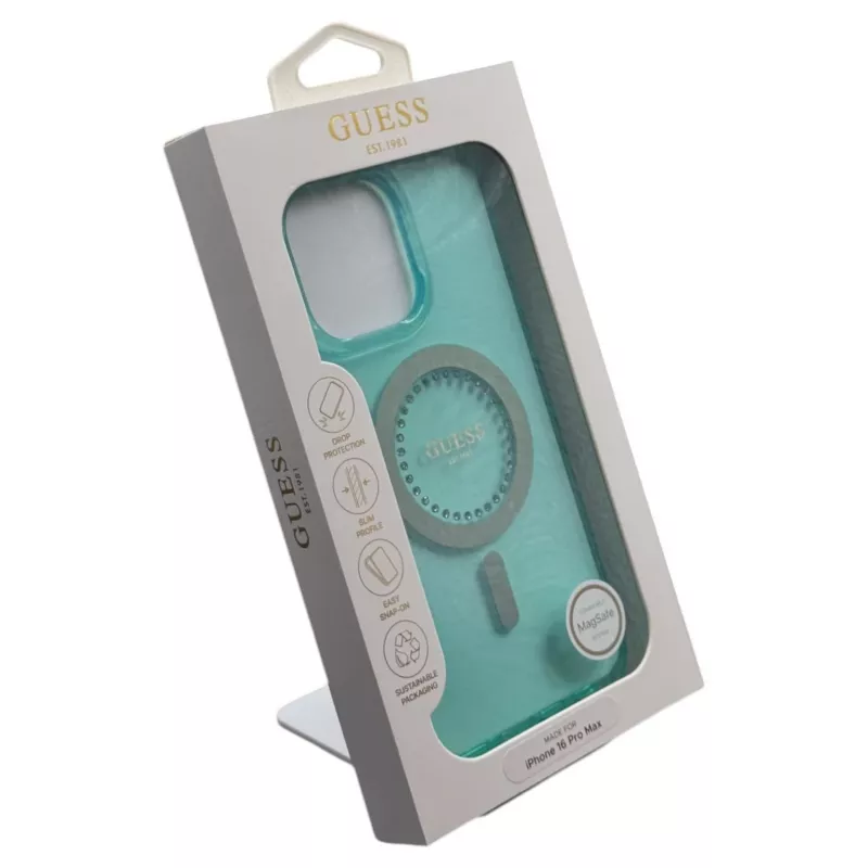 Guess IML Rhinestones Custodia MagSafe per iPhone 16 Pro Max (verde)