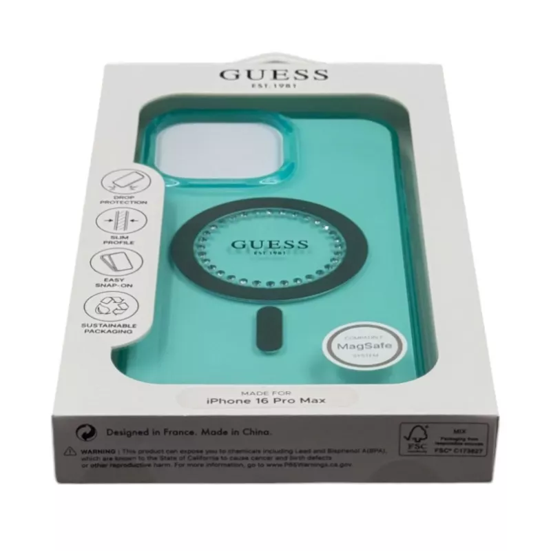 Guess IML Rhinestones Custodia MagSafe per iPhone 16 Pro Max (verde)
