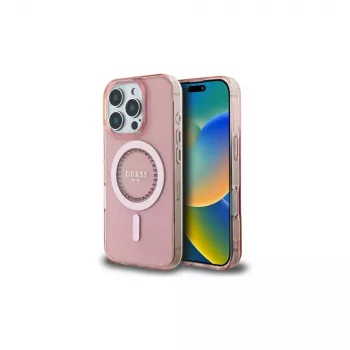 Guess GUHMP16LPFTDTEP Custodia rigida IML Rhinestones MagSafe per iPhone 16 Pro 6.3 rosa