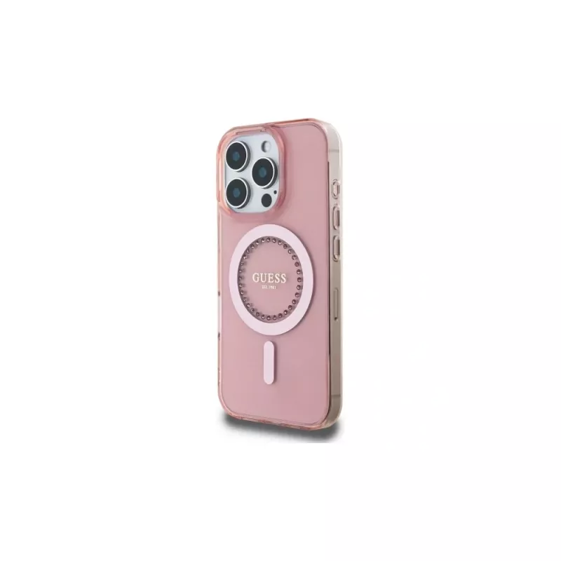 Guess GUHMP16LPFTDTEP Custodia rigida IML Rhinestones MagSafe per iPhone 16 Pro 6.3 rosa