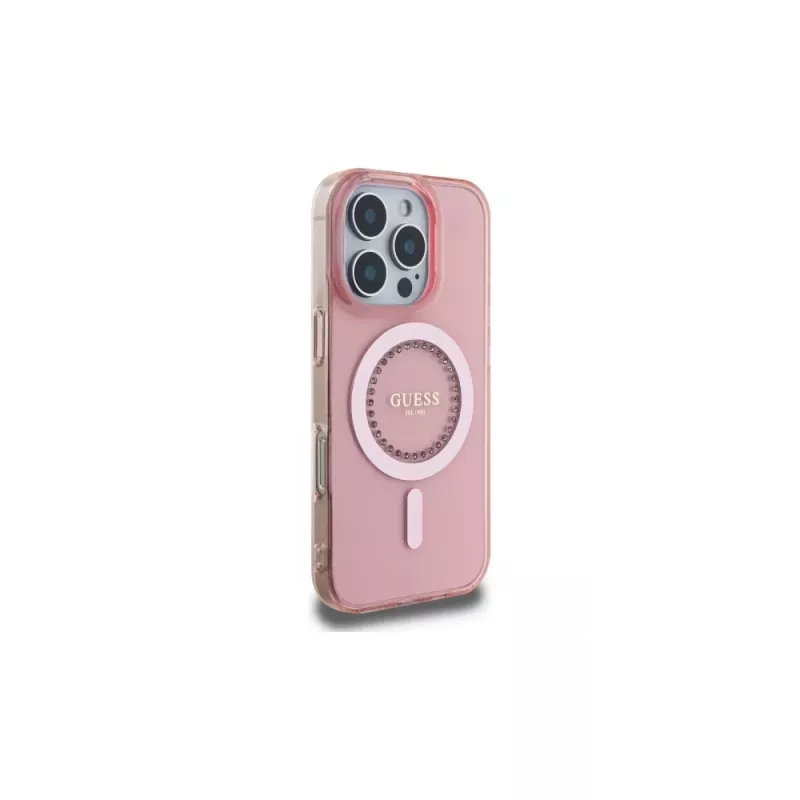 Guess GUHMP16LPFTDTEP Custodia rigida IML Rhinestones MagSafe per iPhone 16 Pro 6.3 rosa