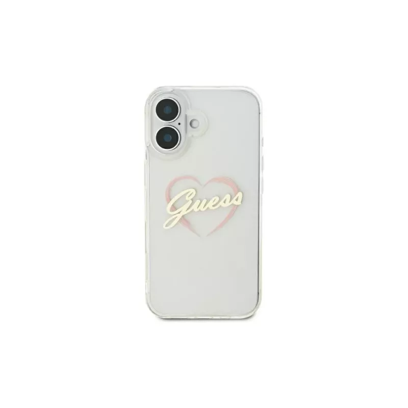 Guess GUHCP16MHCHGSPT Custodia rigida per Apple iPhone 16 Plus, trasparente, motivo IML Heart