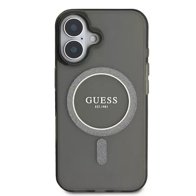 Guess GUHMP16MHFGEREK iPhone 16 Plus 6.7 nero Custodia rigida IML Glitter Circle MagSafe