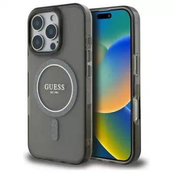 Guess GUHMP16LHFGEREK Custodia rigida IML Glitter Circle MagSafe per iPhone 16 Pro 6.3 nero