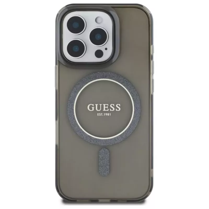 Guess GUHMP16LHFGEREK Custodia rigida IML Glitter Circle MagSafe per iPhone 16 Pro 6.3 nero