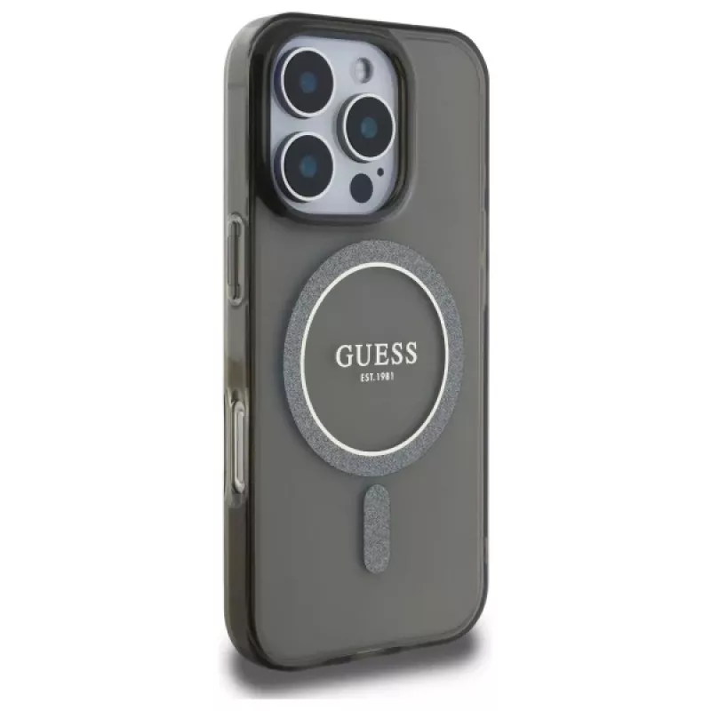 Guess GUHMP16XHFGEREK Custodia rigida IML Glitter Circle MagSafe per iPhone 16 Pro Max 6,9