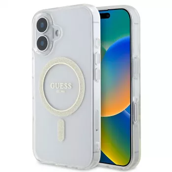 Guess GUHMP16SHFGERET iPhone 16 trasparente Custodia rigida IML Glitter Circle MagSafe