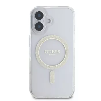 Guess GUHMP16SHFGERET iPhone 16 trasparente Custodia rigida IML Glitter Circle MagSafe