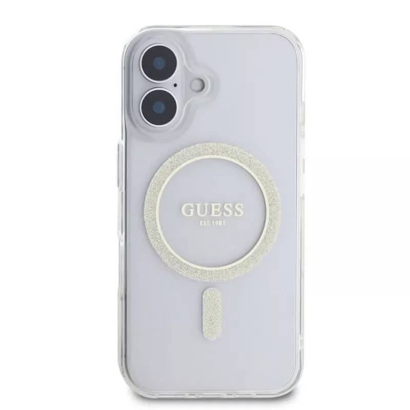 Guess GUHMP16SHFGERET iPhone 16 trasparente Custodia rigida IML Glitter Circle MagSafe