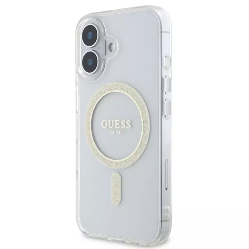 Guess GUHMP16SHFGERET iPhone 16 trasparente Custodia rigida IML Glitter Circle MagSafe