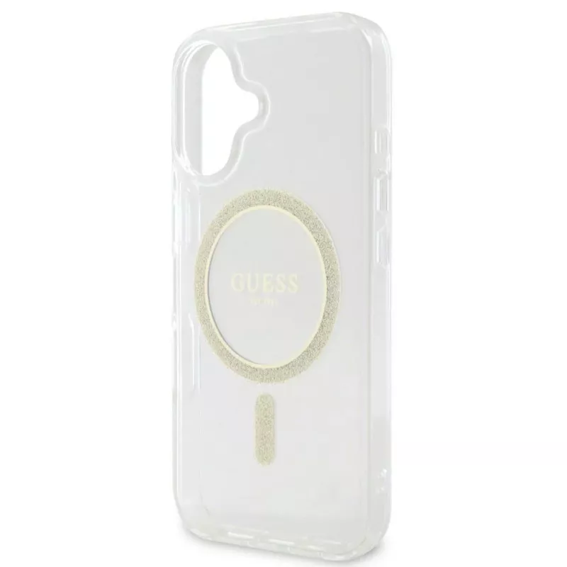 Guess GUHMP16SHFGERET iPhone 16 trasparente Custodia rigida IML Glitter Circle MagSafe
