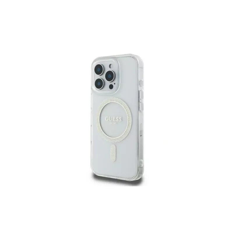 Guess GUHMP16LHFGERET iPhone 16 Pro 6,3 inch Custodia rigida trasparente IML Glitter Circle MagSafe