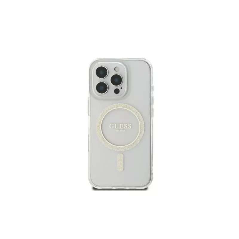 Guess GUHMP16LHFGERET iPhone 16 Pro 6,3 inch Custodia rigida trasparente IML Glitter Circle MagSafe