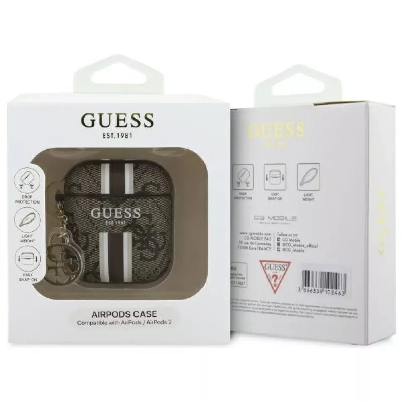 Guess GUA2P4RPSW Cover AirPods 1/2 marrone 4G strisce stampate ciondolo