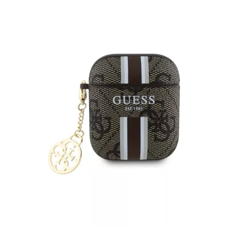 Guess GUA2P4RPSW Cover AirPods 1/2 marrone 4G strisce stampate ciondolo