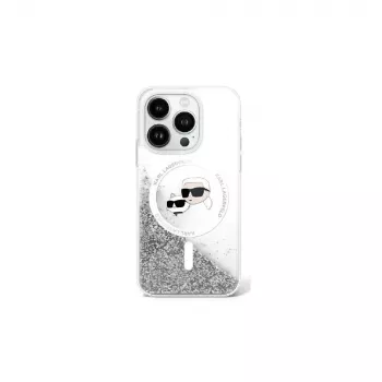 Karl Lagerfeld Liquid Glitter Karl & Choupette Head custodia MagSafe per iPhone 16 (trasparente)