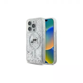 Karl Lagerfeld Liquid Glitter Karl & Choupette Head custodia MagSafe per iPhone 16 Pro Max (trasparente)