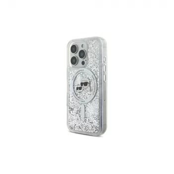 Karl Lagerfeld Liquid Glitter Karl & Choupette Head custodia MagSafe per iPhone 16 Pro Max (trasparente)