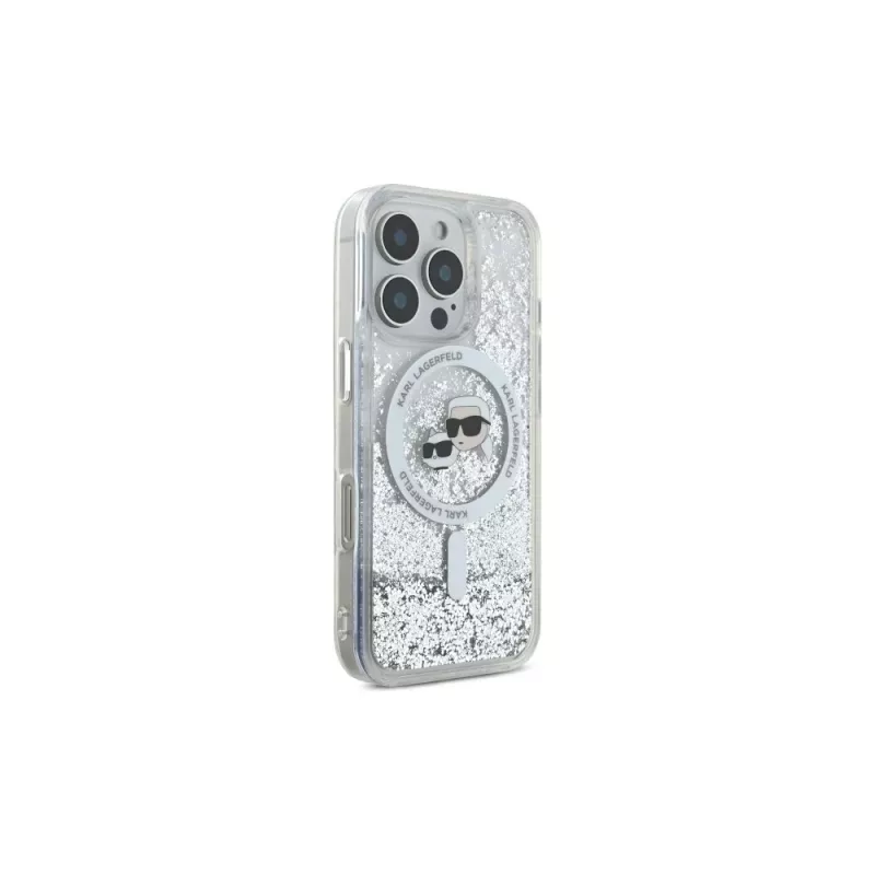 Karl Lagerfeld Liquid Glitter Karl & Choupette Head custodia MagSafe per iPhone 16 Pro Max (trasparente)