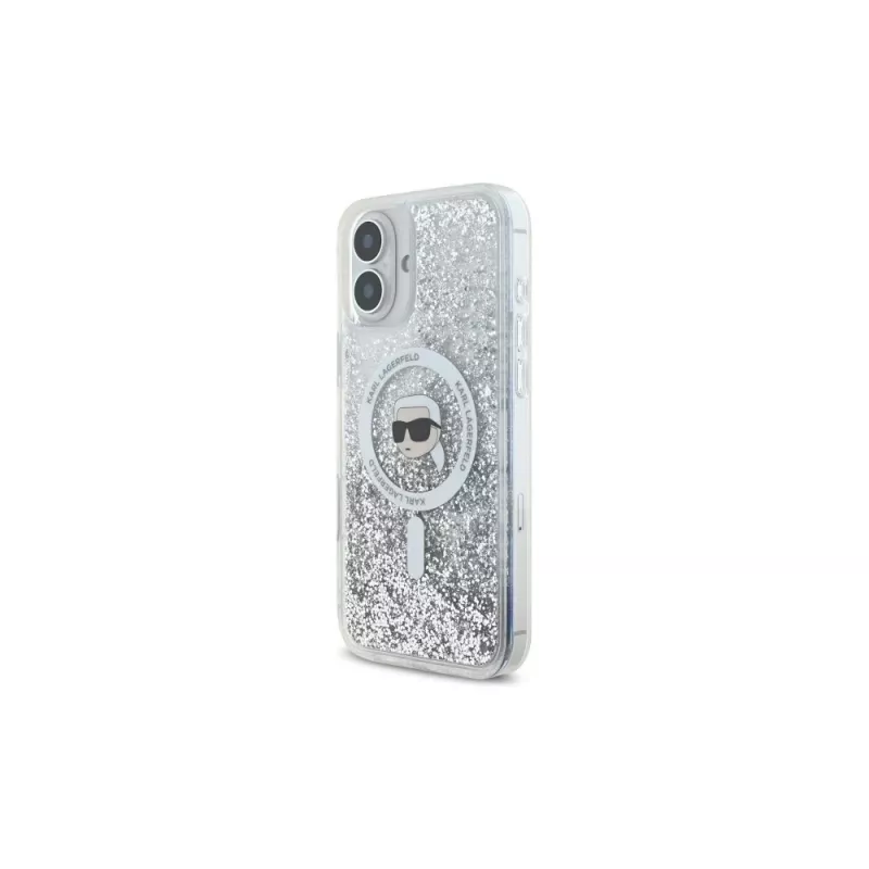Karl Lagerfeld Liquid Glitter Karl Head custodia rigida MagSafe per iPhone 16 Plus, trasparente
