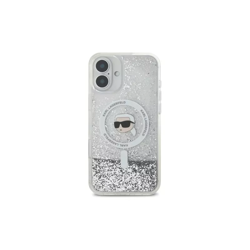 Karl Lagerfeld Liquid Glitter Karl Head custodia rigida MagSafe per iPhone 16 Plus, trasparente