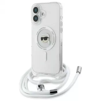 Karl Lagerfeld KLHMP16SHCKHNT iPhone 16 custodia rigida trasparente Crossbody IML Karl Head MagSafe